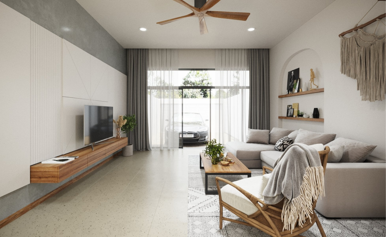 Bố trí nội thất phòng khách theo phong cách thiết kế kiến trúc hiện đại kết hợp Địa Trung Hải
